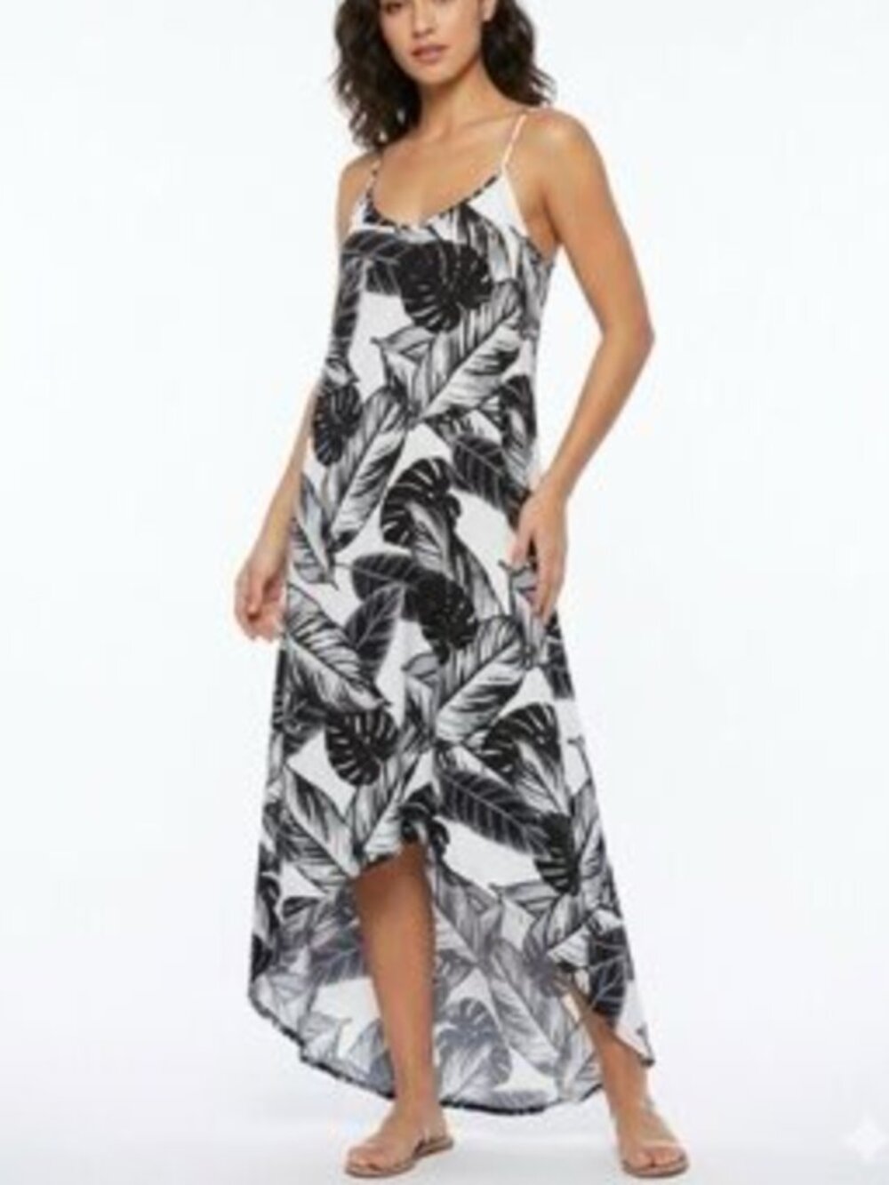 Sandoval Black & White Floral Leaf Tropical Stretch High Low Dress